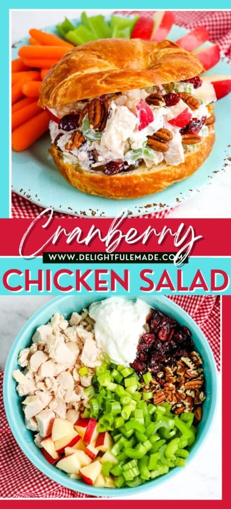 Cranberry chicken salad on a croissant and the ingredients in a bowl ready for mixing.