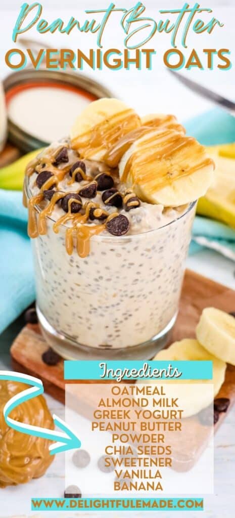 Peanut butter overnight oats topped with sliced bananas, peanut butter and chocolate chips.