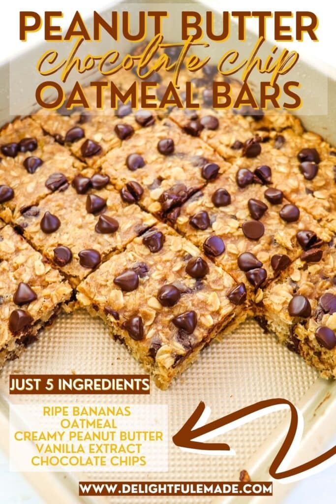 Peanut butter banana oatmeal bars in a pan cut into squares, with text overlay.