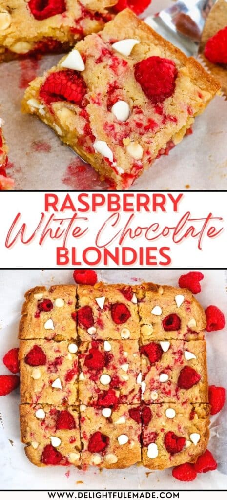 White chocolate and raspberry blondies cut into squares and a single blondie with raspberries on the side.