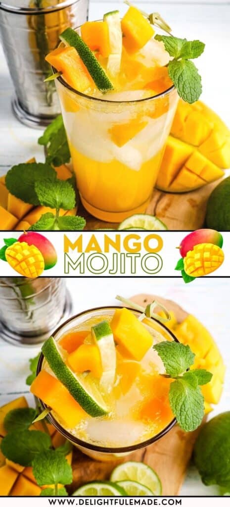 Mango mojito in a glass and garnished with lime slice, mint leaves and mango chunks.