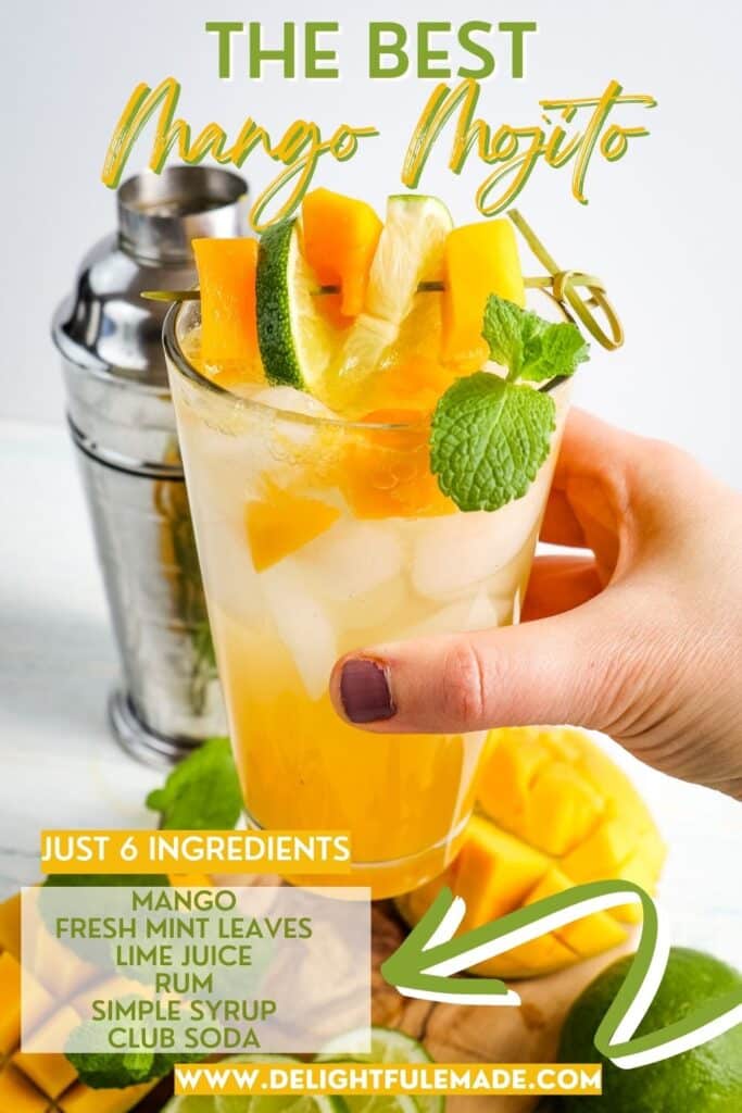 Mango mojito recipe held in hand and garnished with lime slice, mint leaves and mango pieces.