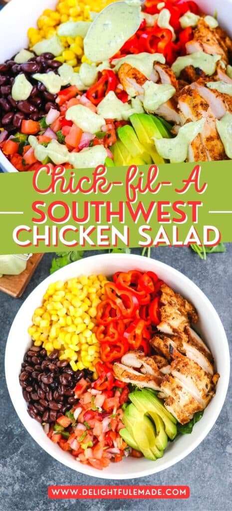 Two photos of a Chick-fil-A southwest chicken salad recipe, topped with avocado ranch dressing.