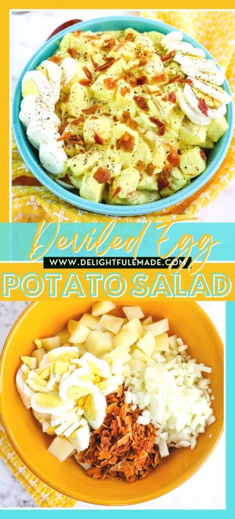 Deviled egg potato salad in a bowl garnished with hard boiled eggs, bacon bits and ground pepper.