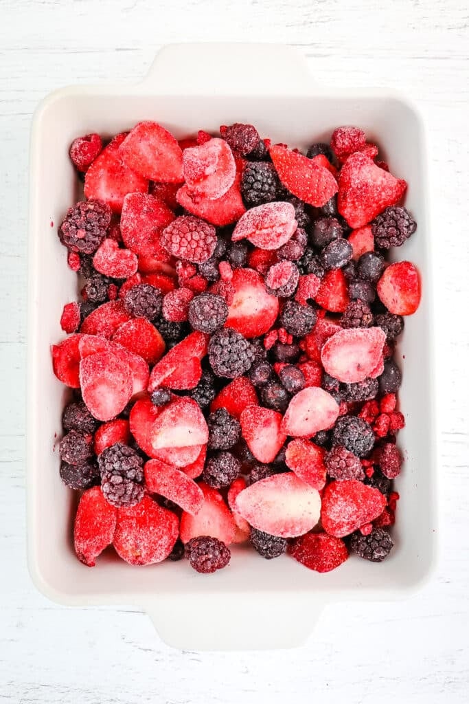 Frozen mixed berries in a baking dish.