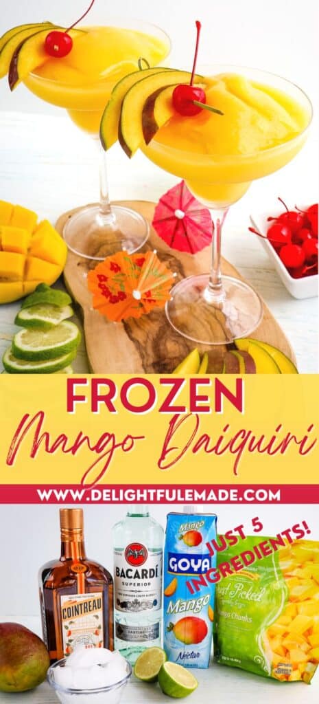 Ingredients needed to make a frozen mango daiquiri recipe and two daiquiri's in glasses.