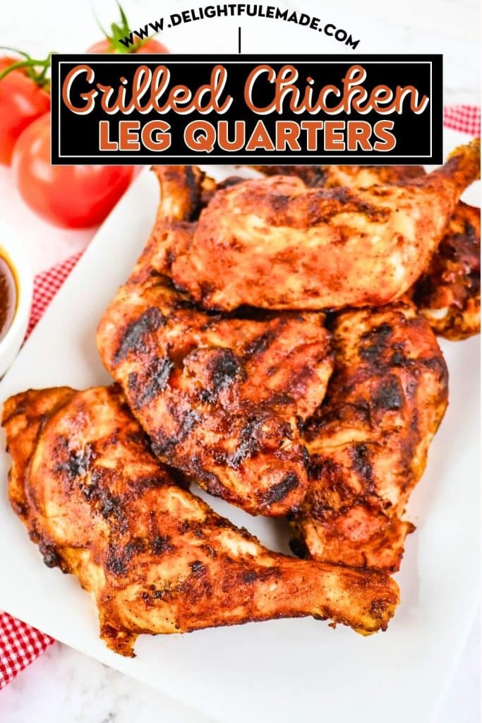 Grilled chicken leg quarters with bbq sauce on a white platter.