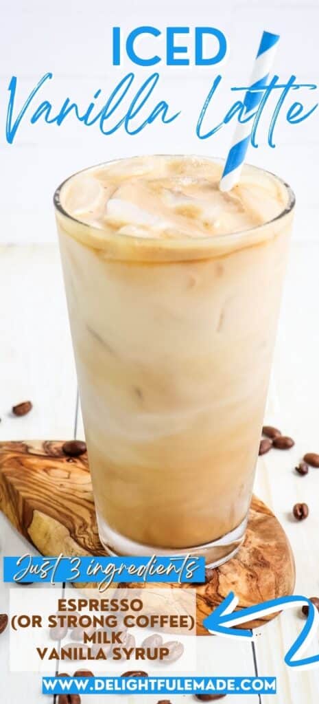 Iced vanilla latte recipe in a glass with straw and text overlay of listed ingredients.