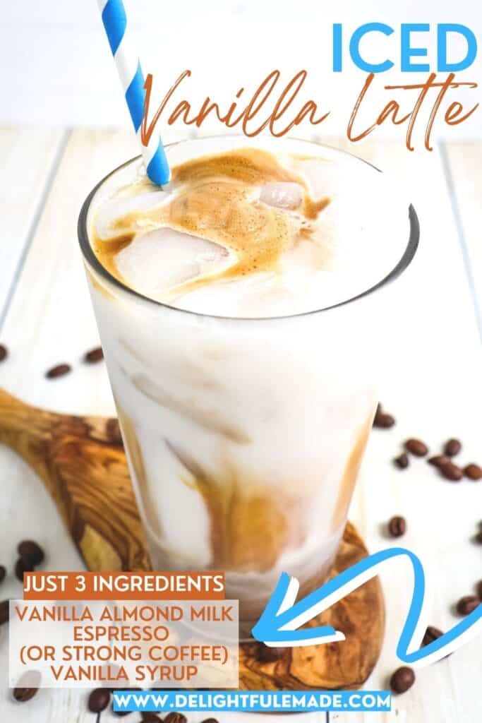 Iced vanilla latte recipe in glass with blue striped straw.