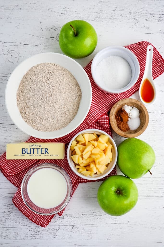 Ingredients needed to make apple cinnamon scones.