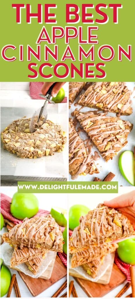 Apple scones being cut on a pan, drizzled with cinnamon glaze, placed in a stack and held in hand.