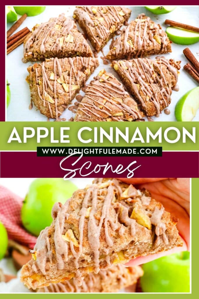 Apple scones on a pan with cinnamon glaze drizzled on top, with one scone held in hand.