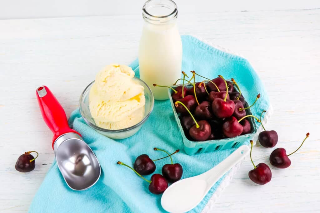 Ingredients needed to make a homemade cherry milkshake.