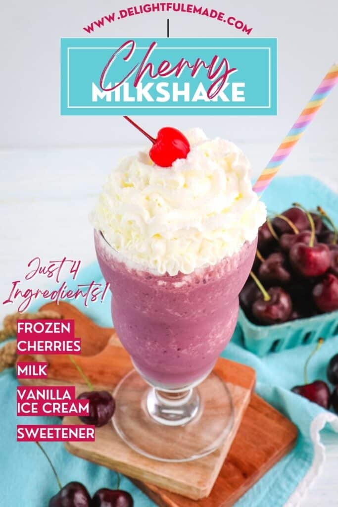 Cherry milkshake in a tall glass topped with whipped cream and a maraschino cherry.