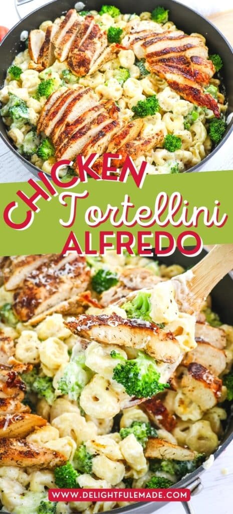 Chicken tortellini alfredo in a skillet and wooden spoon taking out a serving.