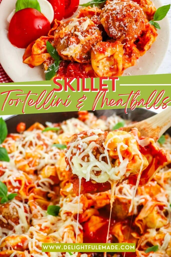 Skillet tortellini and meatballs in a meatball marinara sauce topped with mozzarella cheese and basil leaves.