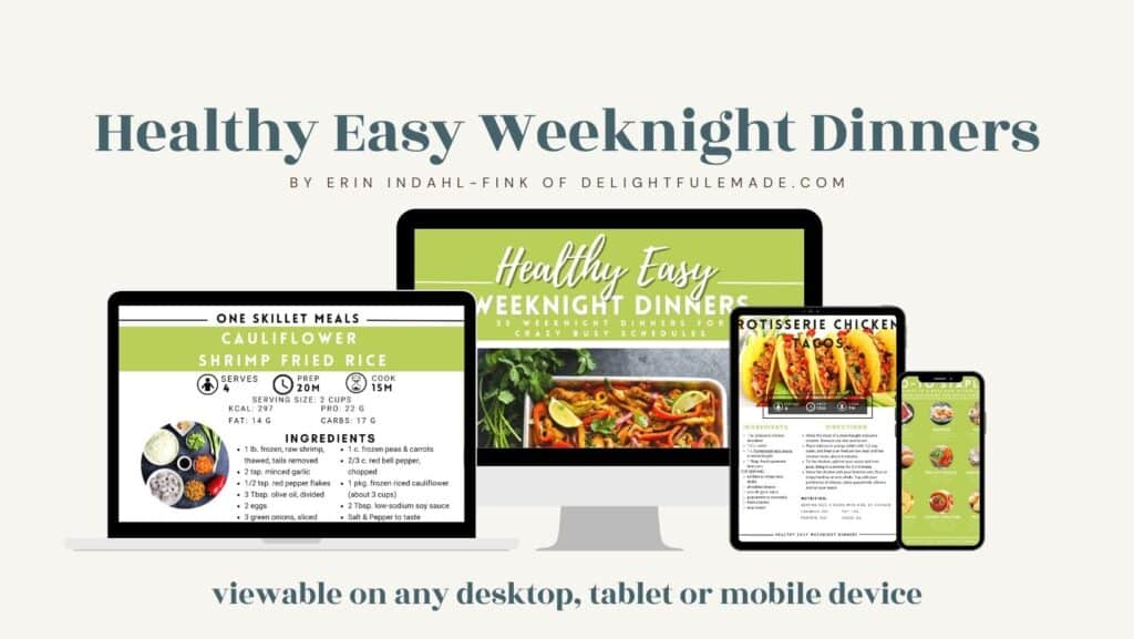 Images of healthy easy weeknight dinners ebook on different screens.