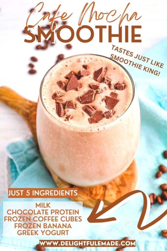 Mocha smoothie recipe topped with chocolate bits with text listing the 5 ingredients needed to make this mocha smoothie recipe.