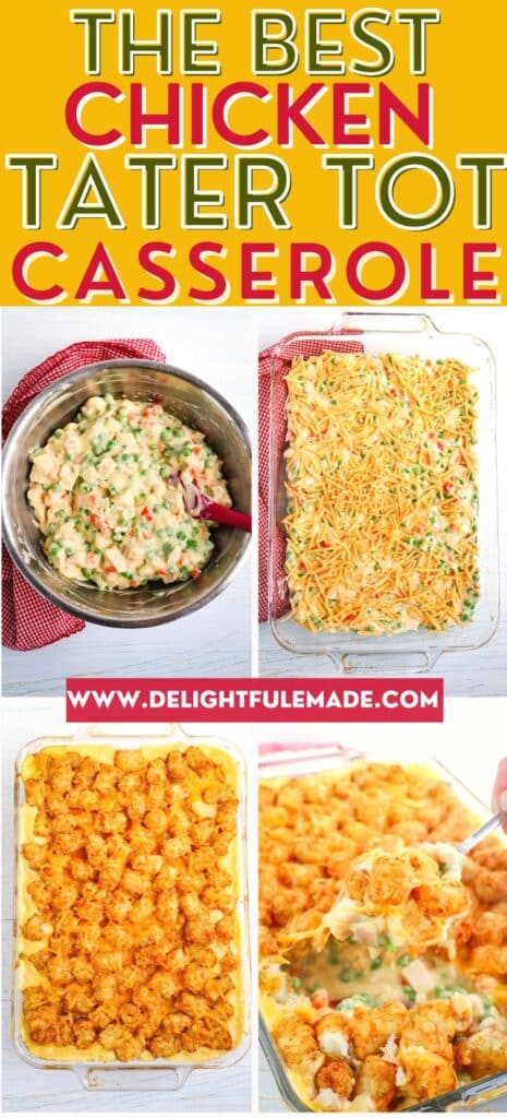 Four photos of how to make a chicken tater tot casserole recipe.