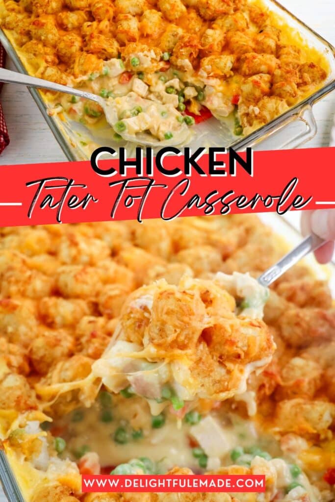 Chicken tater tot casserole with spoon taking out a serving.