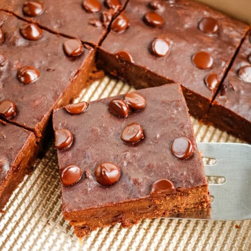 Healthy banana brownies recipe baked and cut into squares.