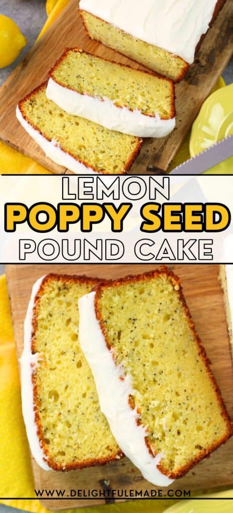 Two sliced lemon poppy seed pound cake on a board.