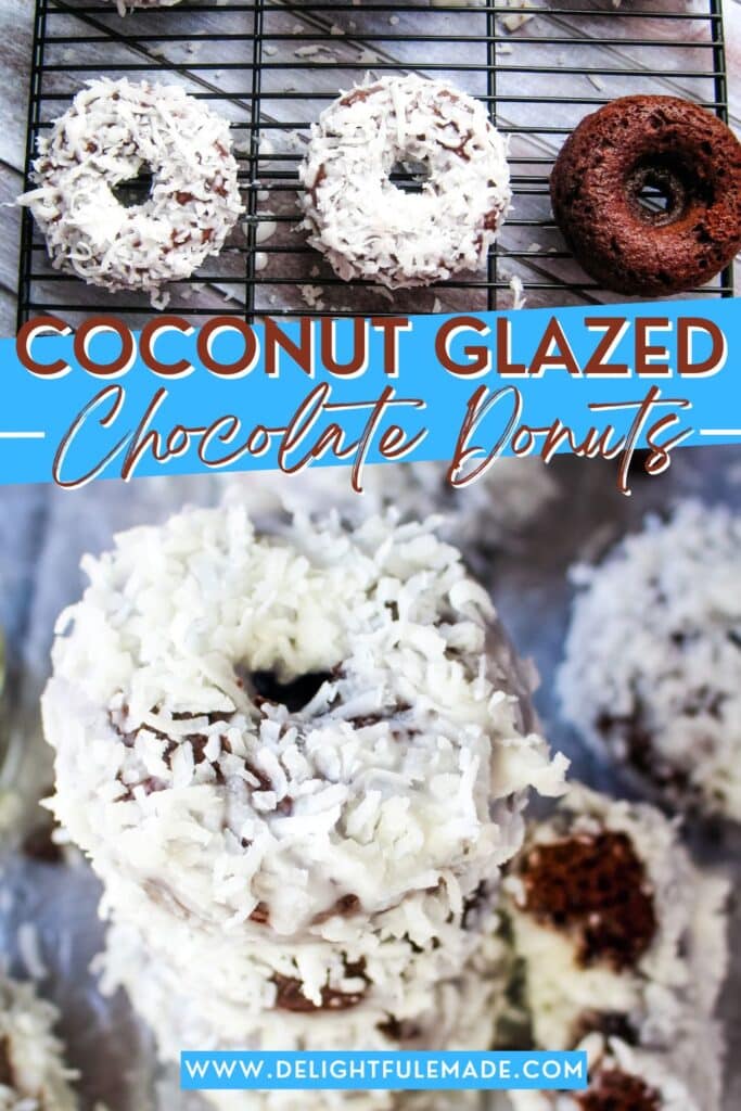 Coconut glazed chocolate donuts on a rack and another image with donuts stacked on top of each other.