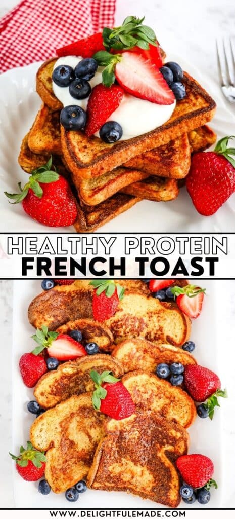 Stack of healthy French toast garnished with fresh blueberries and strawberries.