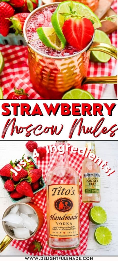 A strawberry Moscow mule in a copper mug and photo of the ingredients needed to make a Strawberry Moscow mule.