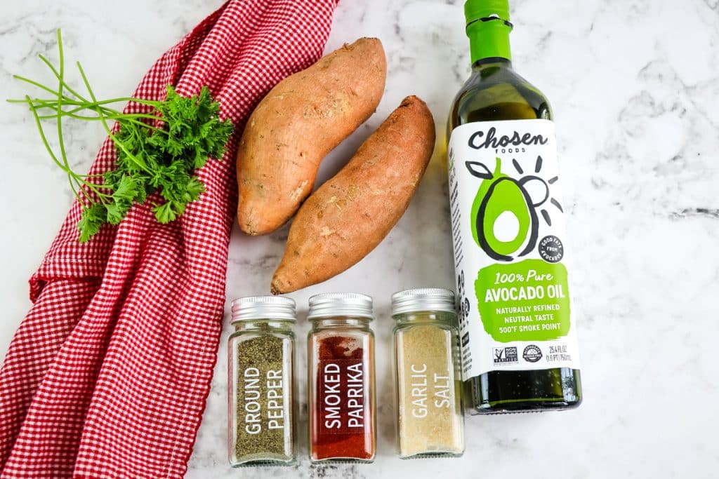 Ingredients needed to make air fryer sweet potato wedges.