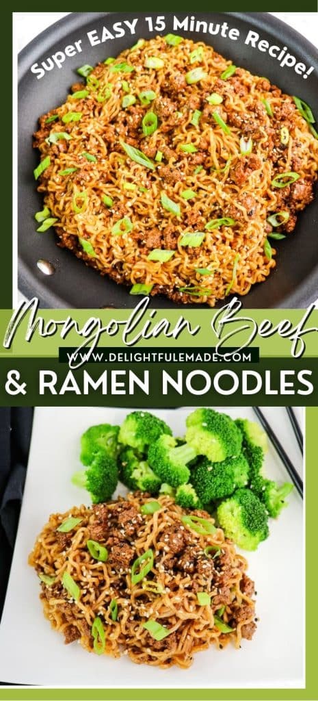 Beef and ramen noodles in a skillet and on a plate topped with sliced green onions and steamed broccoli on the side.