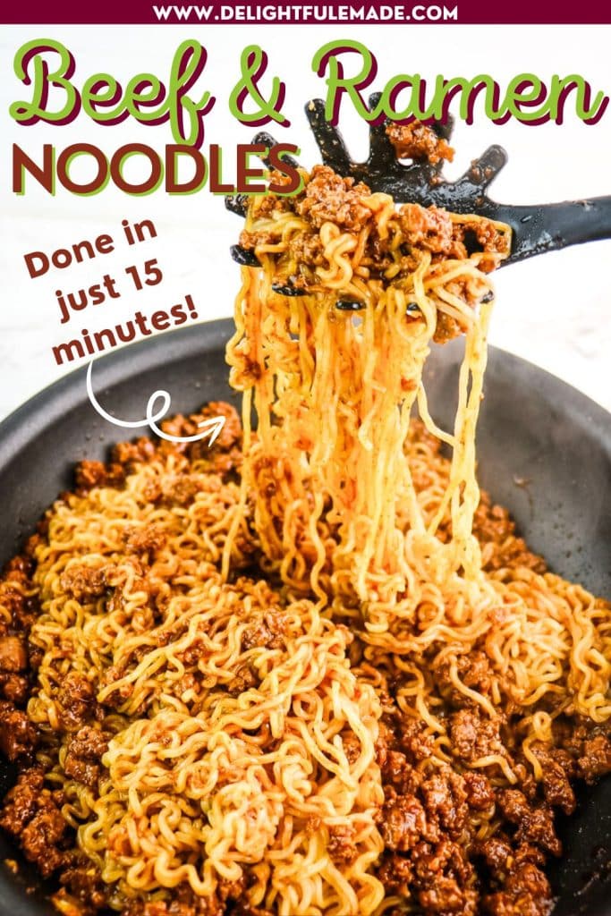 Ground beef and ramen noodles in a skillet with a serving being taken out with a pasta utensil.