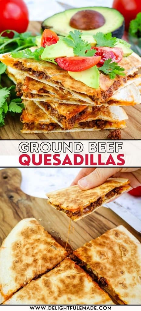 A stack of Ground beef quesadillas topped with tomatoes, cilantro and avocado, and a slice of quesadilla held in hand.