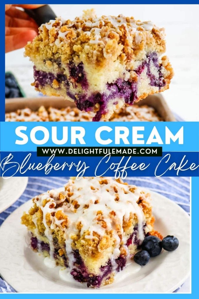 Slice of blueberry sour cream coffee cake being lifted out of a pan, and pictured on a white plate topped with glaze and fresh blueberries on the side.