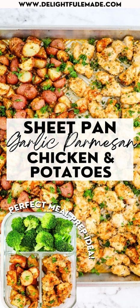 Garlic parmesan chicken and potatoes on a sheet pan, with a small photo of food in a meal prep container.