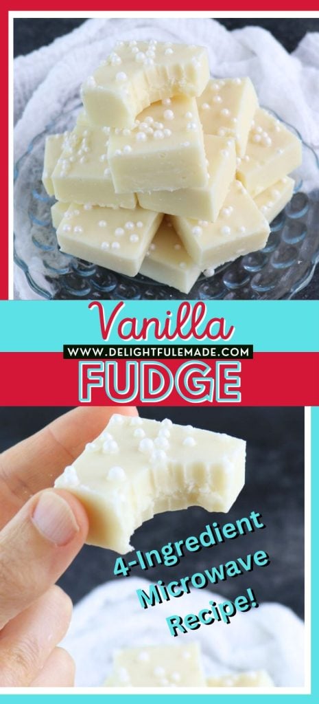 Vanilla fudge squares stacked on a plate and a square of fudge held in hand with bite taken out.