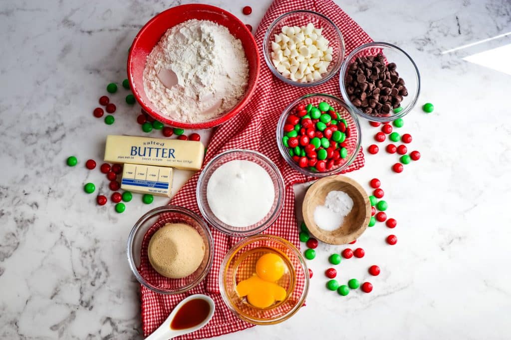 Ingredients needed to make M&M Christmas cookies.