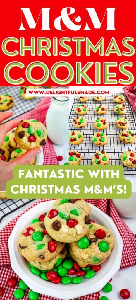 M&M Christmas cookies on a plate, held in hand and on a cooling rack.