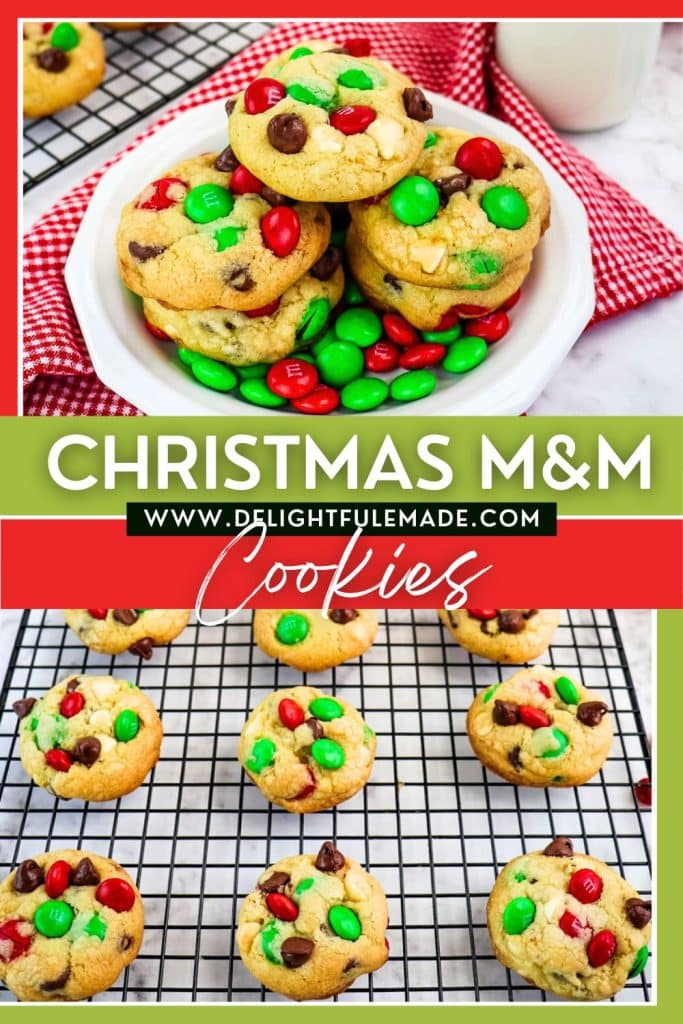 Chocolate chip Christmas M&M cookies on a plate and on a cooling rack.