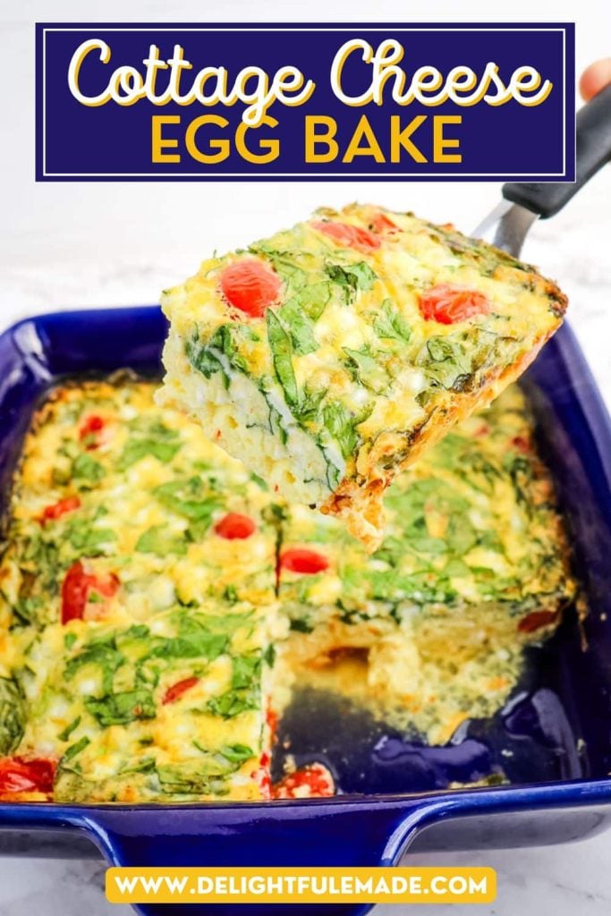 Cottage cheese egg bake sliced in a baking dish, with one slice being lifted out on a spatula.