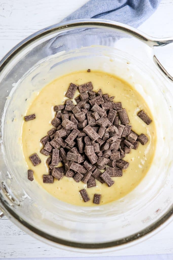Banana bread batter with chocolate chunks added.