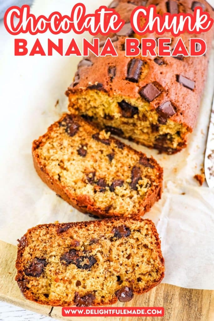 Loaf of chocolate chunk banana bread with two slices on their side.