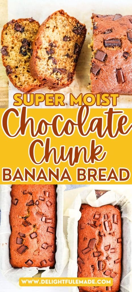Loaf of chocolate chunk banana bread with two slices on their side; two loaves of banana bread in the pan.