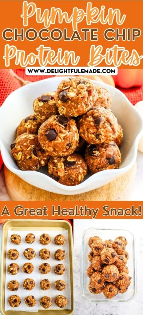 Pumpkin chocolate chip protein bites in a bowl, on a pan and in a glass container.