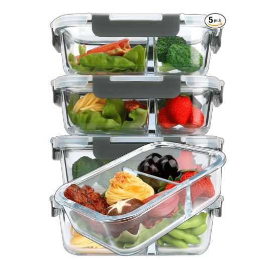 Glass meal prep containers stacked