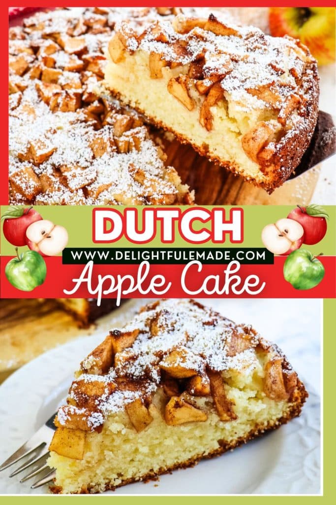Slice of Dutch apple cake topped with a dusting of powdered sugar, on a plate and slice lifted out of whole cake.