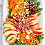 Roasted carrot salad with apple slices, cranberries, pistachios and feta.