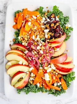 Roasted carrot salad with apple slices, cranberries, pistachios and feta.