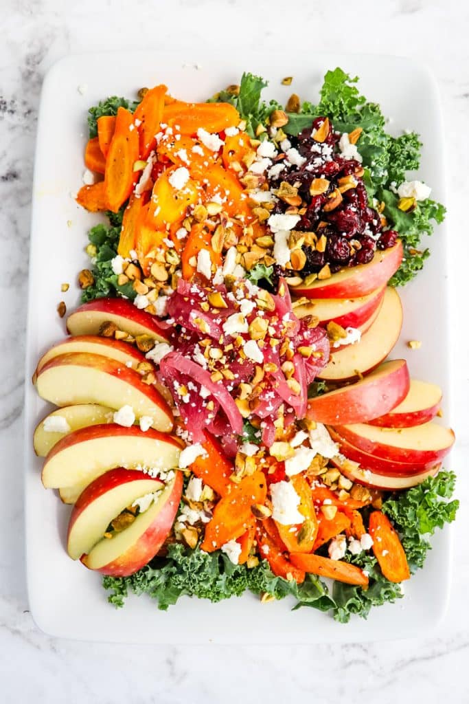 Roasted carrot salad with apple slices, cranberries, pistachios and feta.