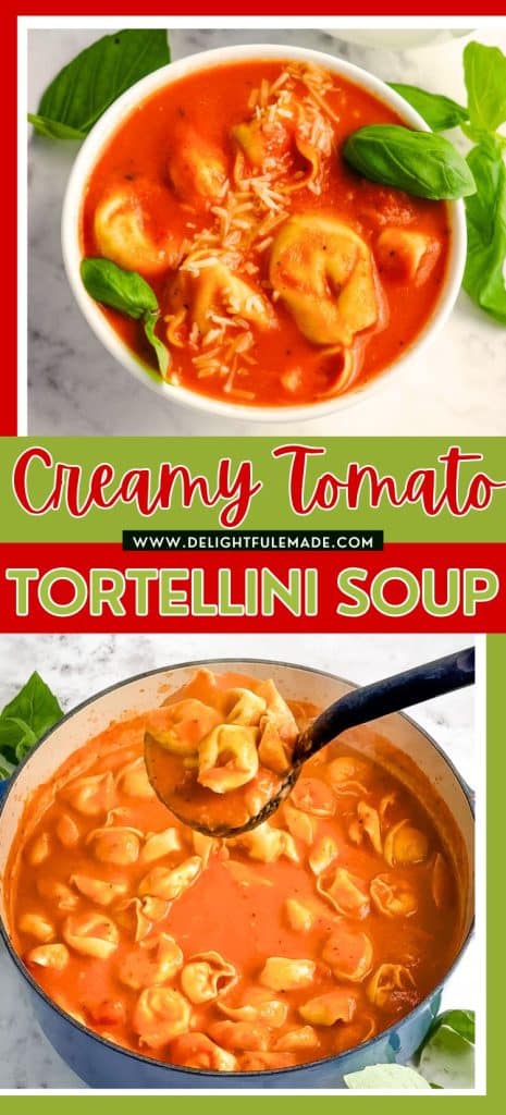 Bowl of creamy tomato tortellini soup with parmesan cheese and basil leaves; pot of soup with ladle taking out a serving.